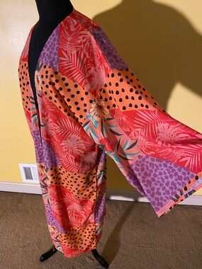 Vibrant Patchwork Tropical Kimono - Coral, Purple, Orange
